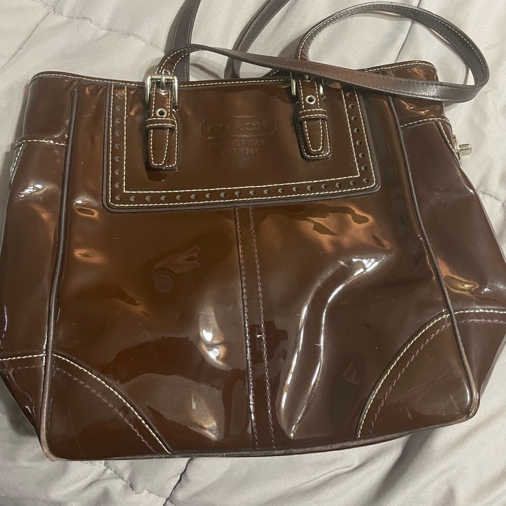 EUC COACH Gallery Brown Patent Leather Women Wingtip Tote